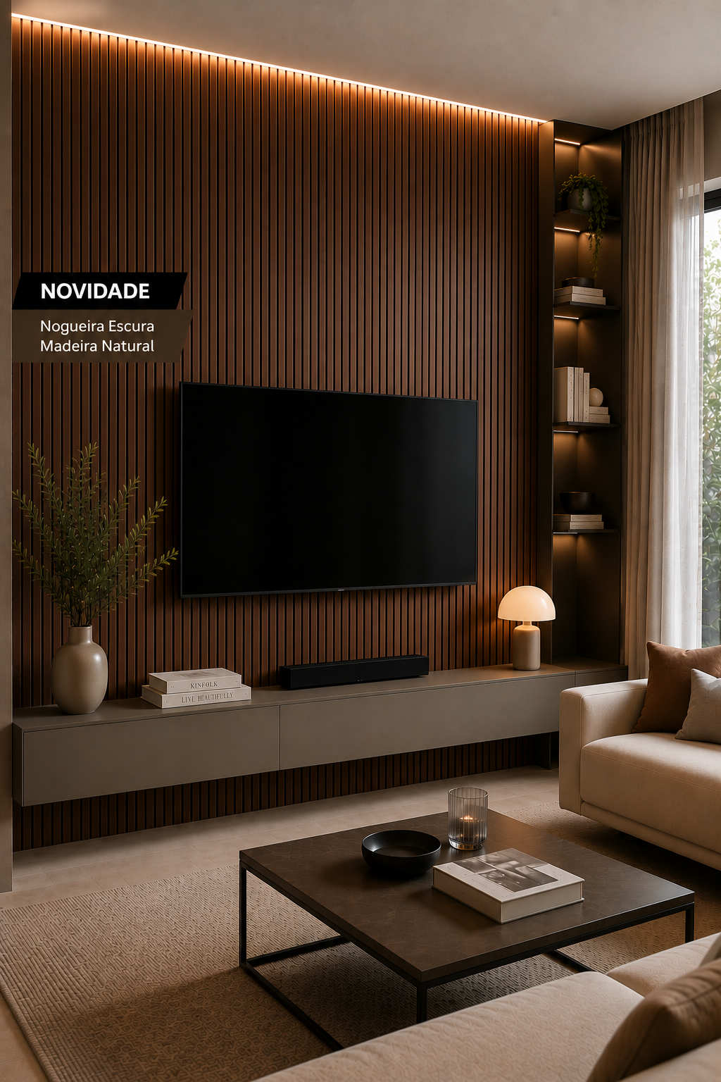 Painel Acústico Ripado 260x60cm Nogueira Escura Natural | 1 Face | PET Preto